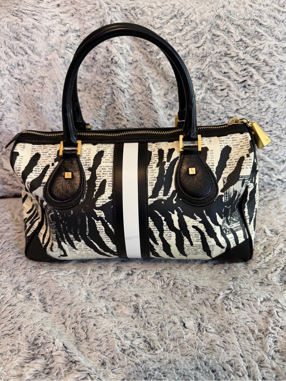L.A.M.B. Black and White Zebra Stripe Satchel with Gold Plaque - Picture 2 of 9